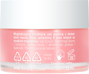 Tył różowego peelingu do ust z masłem shea, witaminą E i migdałów w szklanym słoiczku 12ml, oznaczenia.