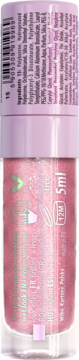 Różowy, brokatowy błyszczyk do ust z efektem wet look, 5ml. Widok na tył opakowania z etykietą i kodem.