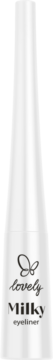Biały, matowy eyeliner Lovely Milky z aplikatorem w smukłej buteleczce, widok z przodu.
