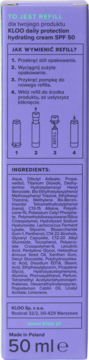 Fioletowy bok opakowania kremu KLOO SPF 50. Widoczne instrukcje wymiany wkładu i lista składników.