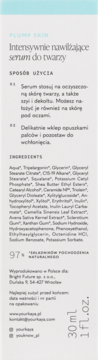 Tył opakowania serum PLUMP SKIN z listą składników, instrukcją użycia i informacją o 30 ml intensywnie nawilżającego serum.