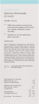 Tył białego opakowania barierowej krem-maski do twarzy BARRIER REPAIR, nocna, z czarnym tekstem o użyciu i składzie.