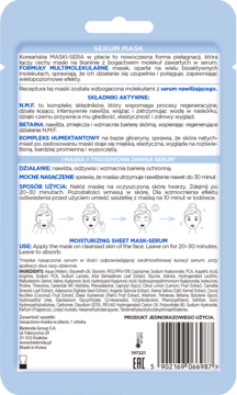 Tył niebiesko-białego opakowania koreańskiej maski serum, z polskimi opisami składników i instrukcją użycia.