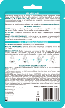 Tył opakowania regenerującej maski serum z aloesem i alantoiną. Biała ulotka z tekstem, niebieskie detale.