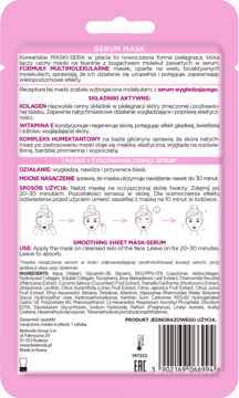 Tył opakowania koreańskiej maseczki w płachcie Serum Mask, z opisem składników, instrukcją użycia i różowym tłem.