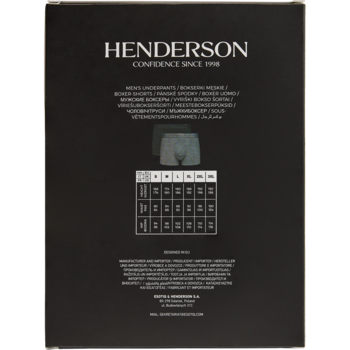 Tył czarnego opakowania bielizny męskiej Henderson, z tabelą rozmiarów i zdjęciem dwóch bokserek.