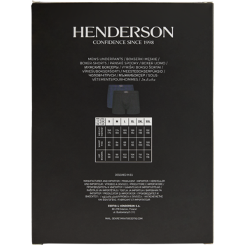 Front reklamy Henderson: dwie pary złożonych męskich bokserek w kolorach granatowym i ciemnoszarym na czarnym tle.