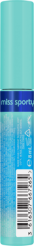 Tusz Miss Sporty Mermaid Lash Mascara w turkusowej buteleczce. Widok z przodu, widoczny niebieski pasek z marką i kodem kreskowym.