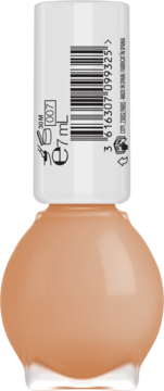 Beżowy lakier do paznokci Miss Sporty Pastel Garden 007, widok butelki z przodu, na białej zakrętce kod kreskowy, 7ml.