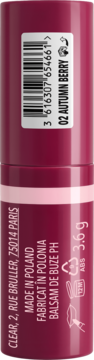Tył Miss Sporty Naturally Perfect PH Tint Balm 02 Autumn Berry, burgundowe opakowanie z kodem kreskowym i napisami.