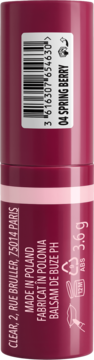 Tył balsamu do ust Miss Sporty 04 Spring Berry, fioletowa tubka z kodem kreskowym i napisem Made in Poland, 3.6g.