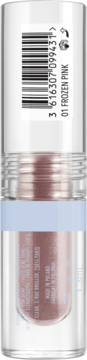 Płynny cień do powiek Miss Sporty, odcień 01 Frozen Pink, w przezroczystej tubce z kodem, widok z przodu.