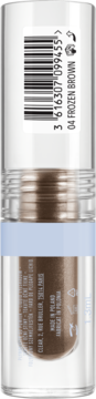 Pionowe ujęcie tyłu opakowania płynnego cienia do powiek Miss Sporty '04 Frozen Brown', widoczny kod kreskowy, 1.5ML.