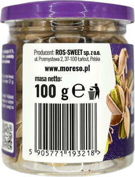 Tył szklanego słoika z pistacjami ROS-SWEET, fioletowa zakrętka, etykieta z masą netto 100g i kodem.