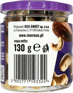 Tył szklanego słoika orzechów ROS-SWEET 130g: migdały, nerkowce. Etykieta z producentem, masą netto, barcode.