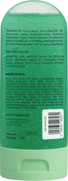 Tył zielonej butelki żelu Rostincx do mycia twarzy 100ml, z mandarynką, kwasami owocowymi i etykietą.