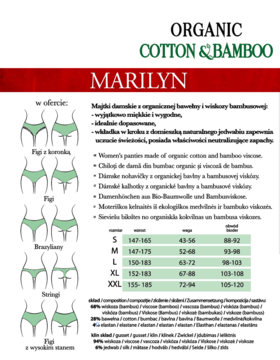 Plakat Marilyn: damska bielizna organiczna z bawełny i bambusa, różne fasony fig, tabela rozmiarów.