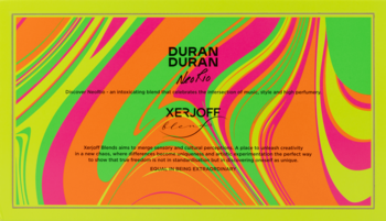 Karta Xerjoff NeoRio Fluo Yellow, kolaboracja z Duran Duran, z neonowym psychodelicznym wzorem.