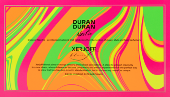 Certyfikat perfum Duran Duran Xerjoff NeoRio Fluo Pink, z wirującym tłem neonowych różów i zieleni.