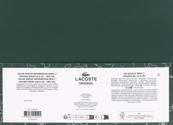 Tył ciemnozielonego pudełka zestawu Lacoste Original, widoczne białe etykiety z pojemnościami 100ml i 7,5ml.