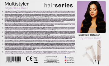 Opakowanie suszarko-lokówki Beautifly StyleBliss Rose z wizerunkiem kobiety i dwoma końcówkami auto-wrap.