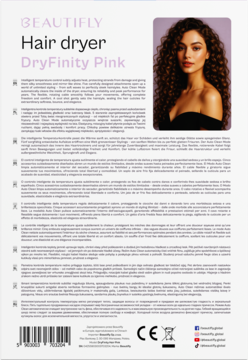 Tył opakowania suszarki Beautifly DryFinity Pink, z wielojęzycznym opisem i modelem z kręconymi włosami.