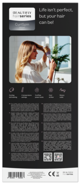 Tył opakowania lokówki Beautifly CurlSpin: kobieta stylizująca blond włosy, opis funkcji i teksty produktowe.
