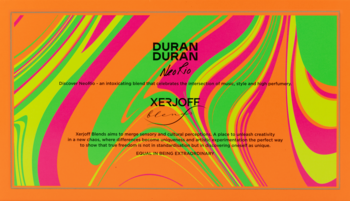 Promocyjna grafika Duran Duran NeoRio Orange Xerjoff: dynamiczne, wirujące wzory neonowej zieleni, różu i pomarańczy.