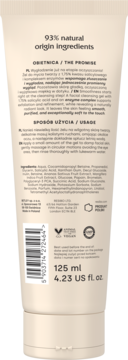 Tył kremowej tubki żelu oczyszczającego do twarzy 125 ml. Widoczne informacje o 93% naturalnych składnikach i składzie.