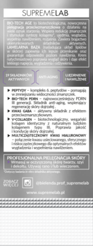 Szary panel informacyjny SUPREMELAB BIO-TECH AGE, opisujący składniki aktywne i korzyści przeciwzmarszczkowe.