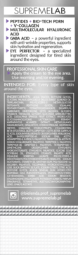 Tył opakowania Supremelab z kremem pod oczy. Widoczny opis składników aktywnych i sposób użycia.