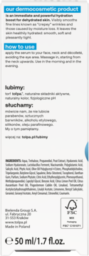 Tył opakowania serum nawilżającego Tołpa dermo-shot. Biała etykieta, widoczny skład i instrukcje użycia, logo FSC.