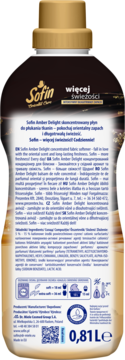 Tył brązowej butelki Sofin Amber Delight skoncentrowanego płynu do płukania tkanin 0,81 L z etykietą, złotą nakrętką.