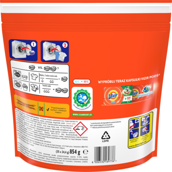Tył pomarańczowej torebki Vizir kapsułki do prania Gold Orchid, 854g, z polskimi instrukcjami i kodem kreskowym.