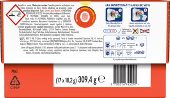 Tył opakowania kapsułek Vizir Alpine Fresh do prania w zimnej wodzie. Widoczne ostrzeżenia, kod kreskowy i instrukcje.