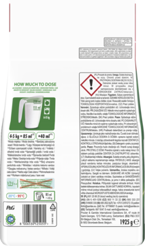 Tył opakowania proszku do prania Ariel Ultra Oxi Effect, z instrukcją dawkowania i kodem kreskowym.