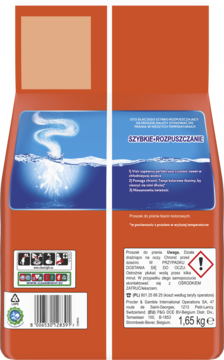 Tył pomarańczowego opakowania skoncentrowanego proszku Vizir Color 1.65 kg, z opisem szybkiego rozpuszczania.