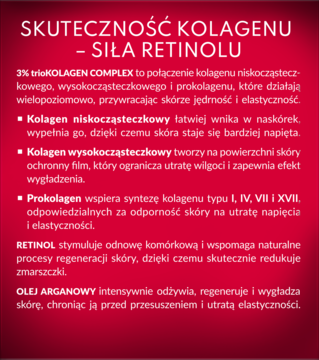 Grafika Perfecta Multi Kolagen Retinol 70+ na czerwonym tle, opisuje działanie kolagenu, retinolu i oleju arganowego.