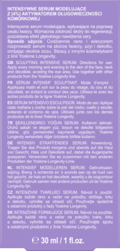 Purpurowa etykieta serum Yoskine Longevity 30ml z białym tekstem instrukcji użycia w 9 językach.