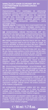 Tył fioletowego opakowania kremu nawilżającego Yoskine Longevity SPF 50+ z instrukcjami użycia w różnych językach.