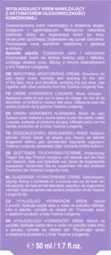 Tył fioletowego kremu wygładzająco-nawilżającego Yoskine Longevity. Widoczne instrukcje i 50ml.