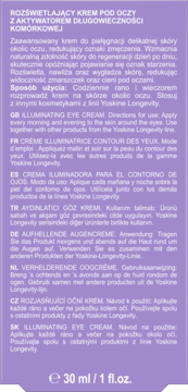 Fioletowe opakowanie rozświetlającego kremu pod oczy Yoskine Longevity, z tyłu instrukcje i objętość 30ml.