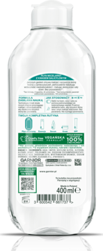 Tył butelki Garnier Płyn Micelarny z kwasem salicylowym 400ml, z polską etykietą, składem, logo Cruelty Free i Vegan.
