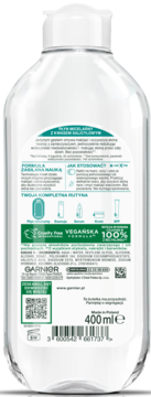 Tył butelki Garnier Płyn Micelarny z Kwasem Salicylowym. Przezroczysta butelka z białą nakrętką, zielonymi napisami i kodem QR, 400ml.