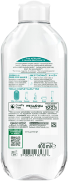 Garnier Płyn Micelarny z kwasem salicylowym, 400ml. Tył butelki z etykietą, składem, kodem QR i białym korkiem.