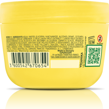 Tył żółtego słoika kremu nawilżającego Garnier z formułą sorbetu, widoczna lista składników i kod kreskowy.