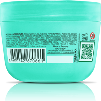Tył turkusowego matującego kremu nawilżającego Garnier z widoczną listą składników i kodem kreskowym.