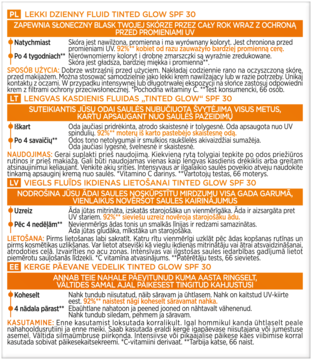 Informacyjna etykieta fluidu LEKKI DZIENNY FLUID TINTED GLOW SPF 30. Pełny opis produktu w 4 językach, z pomarańczowymi nagłówkami.