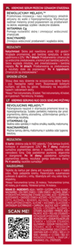 Tył czerwonego serum Triple Laser przeciw starzeniu z Melasylem. Opakowanie z opisem działania i QR kodem.