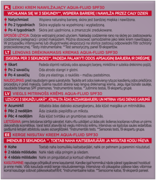 Tekst informacyjny AQUA-FLUID SPF30: lekki krem nawilżający. Opis produktu w 4 językach na białej ulotce.